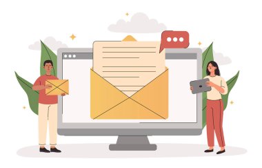 E- posta mesaj konsepti. Erkek ve kadın internette promosyon organize ediyor. Ürünleri veya hizmetleri tanıtan bir şirket. Müşteriler ve müşterilerle iletişim ve geri bildirim. Çizgi film düz vektör çizimi
