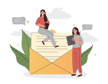 Mektubun yanındaki kadın. Çalışanlar şirket müşterilerine teklif gönderiyorlar. Modern pazarlama metodu ve malların internette tanıtımı. Dijital dünya ve yenilik. Çizgi film düz vektör çizimi