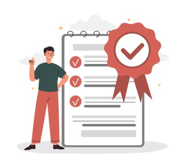 Ürün kalitesi konsepti. Adam ürünleri ihtiyaçlarına göre kontrol eder. Organizasyon veya şirket mallarının değerlendirilmesi. Kuralları olan bir not defterinin yanında çalışan. Çizgi film düz vektör çizimi