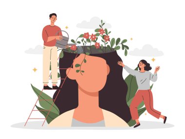 Psikoloji kavramı. Erkek ve kız soyut kafayla çiçekleri suluyor. Farkındalığın ve akıl sağlığının metaforu. İnternet sitesi için olumlu düşünce, poster ya da afiş. Çizgi film düz vektör çizimi