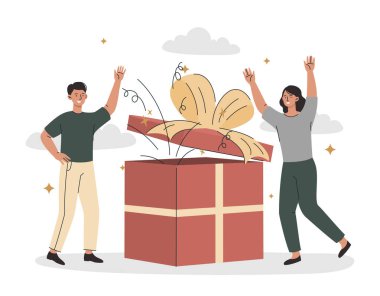 Mutluluk takımı. Erkek ve kız büyük kutuya sevinir. Hediye ya da sürpriz, ürün ve hizmetlerin internet üzerinden pazarlanması ve tanıtımı, düzenli müşteriler için özel teklif. Çizgi film düz vektör çizimi