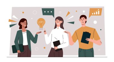 İş iletişimi kavramı. Erkekler ve kızlar fikirleri tartışıyor, beyin fırtınası yapıyor ve zihinsel çıkmazın üstesinden geliyor. Yöneticiler organizasyonu geliştirmek için bir yol arıyorlar. Çizgi film düz vektör çizimi