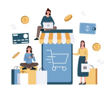 İnternetten alışveriş. Genç kızlar evde, modern teknolojide ve dijital dünyada mal sipariş ediyorlar. Giysi mağazası ya da süpermarket, kadınlar tatilde hediye sipariş eder. Çizgi film düz vektör çizimi
