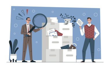 Veri yönetimi konsepti. Erkekler belgeleri analiz eder, istatistik ve analitik departmanlarla çalışır. Meslektaşlar pazarlama araştırması yaparlar. Büyüteci olan insanlar. Çizgi film düz vektör çizimi