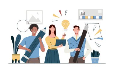 Toplum tasarımı konsepti. Kalemleri olan erkekler ve kızlar web sitesi ya da uygulama için arayüz tasarlıyorlar. Bağımsızlar Copany için grafik elementler ve simgeler yaratırlar. Çizgi film düz vektör çizimi