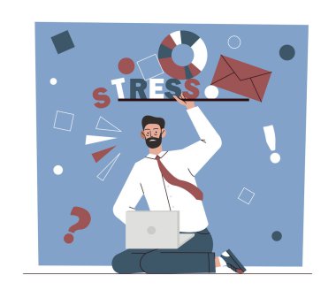 Yorgun çalışan konsepti. Adam dizüstü bilgisayarda çalışıyor, rafta geometrik şekiller tutuyor. Stres ve panik, iş yerinde baskı. Çalışan projeyi zamanında tamamlamaya çalışıyor. Çizgi film düz vektör çizimi