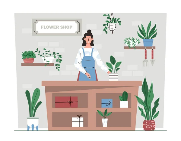 Žena Květinářství Mladá Dívka Rostlinami Prodavačka Nabízí Zboží Pro Romantické — Stockový vektor