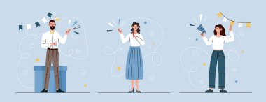 Parti seti. Konfeti ve şapkalı karakter koleksiyonu. Öğrenciler tatilde arkadaşlarına ve diskoya sürpriz hazırlıyorlar. Mavi arkaplanda izole edilmiş çizgi film düz vektör çizimleri