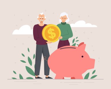 Emeklilik fonu tasarrufu. Yaşlı çift domuz kumbarasına bozuk para koyar. Aile bütçesi ve finansal okuryazarlık, elinde dolarla büyük anne ve büyük baba. Yaşlı karakterlerin emekliliği. Çizgi film düz vektör çizimi