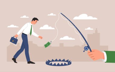 Para kovalama konsepti. Çantası olan adam oltaya takılır ve tuzağa düşer. Açgözlülük ve finansal cehalet, iş hayatında ve yatırımlarda hatalar ve başarısızlıklar. Çizgi film düz vektör çizimi