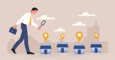 Franchise genişleme konsepti. Büyüteci olan adam küçük dükkanları analiz eder, şirket veya organizasyonu genişletir. Küreselleşme ve uluslararası ticaret metaforu. Çizgi film düz vektör çizimi