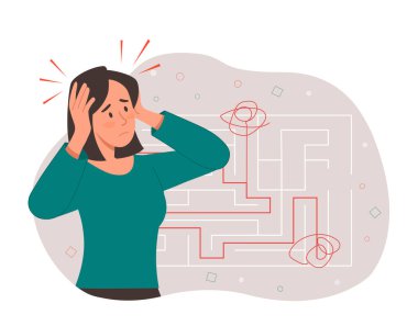 Labirentte bir yol bulmak. Bulmaca metaforu, işte zorluk ve zihinsel çıkmaz. Çözüm, anlayış ve fikir arayan karakter. Yaratıcılık ve mantıklı düşünme. Çizgi film düz vektör çizimi