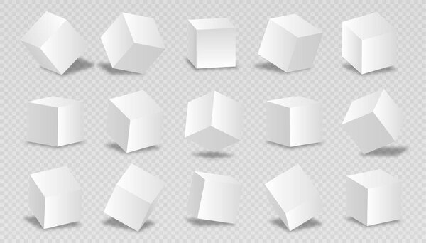 Блоки 3D моделирования белого цвета. Коллекция геометрических фигур, набор графических элементов для сайта, кубики под разными углами. Изометрические реалистичные векторные иллюстрации, изолированные на прозрачной обратной стороне
