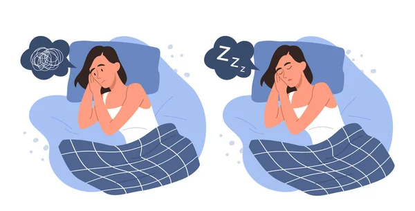 睡眠と不眠症について ベッドに横たわる若い女の子は 目を開けて寝ているキャラクターに対して内部的な問題を抱えています 精神的健康と回復のためのメタファー 漫画フラットベクターイラスト — ストックベクタ
