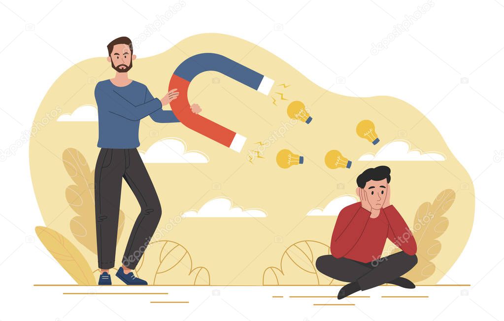 Concept of plagiarism. Man with magnet attracts light bulbs from another sitting in lotus position. Theft of ideas and lies. Crime and copyright infringement. Cartoon flat vector illustration