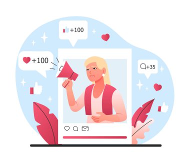 Sosyal medyada etkili biri. Posta telefonunda megafon, modern teknoloji ve dijital dünyada çalışan bir kız. Fikir lideri ve ürün tanıtımı İnternet 'te, yerli reklamcılık