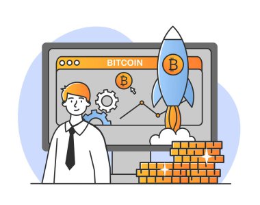 Kripto para birimi konsepti. Bozuk para arka planındaki adam açılışı yapıyor. Finansal okuryazarlık ve pasif gelir. Başarılı yatırımcı veya girişimci gelirleri sayar. Çizgi film düz vektör çizimi