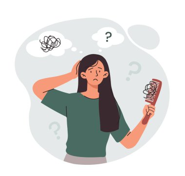 Saç dökülmesi konsepti. Genç kız saç telleriyle üzgün bir şekilde saç stiline bakıyor. Alopecia ve sağlık sorunları, vitamin eksikliği ve önemli amino asitler, tıbbi afişler. Çizgi film düz vektör çizimi