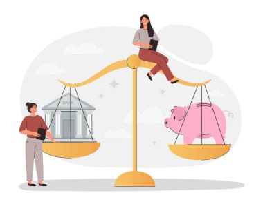 Ev ve domuz kumbarası. Yatırım yapmanın ve gelirden tasarruf etmenin iki yolu. Finansal okuryazarlık ve pasif gelir. Depolama yöntemlerinin değerlendirilmesi, aile bütçesi. Çizgi film düz vektör çizimi