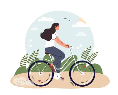 Bisiklete binen kadın. Genç kız hafta sonu parkta dinleniyor, aktif yaşam tarzı ve spor. Fitness ve yağ yakma, kardiyo çalışması. Yaz mevsiminde ya da bahar mevsiminde. Çizgi film düz vektör çizimi