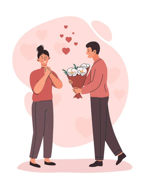 Überraschung Für Liebste Der Mann Schenkt Seiner Freundin Blumen Ein — Stockvektor