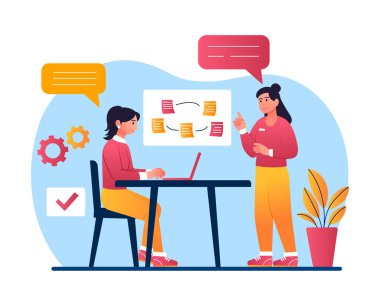 Ofiste iletişim. İki kız ortak proje, ortaklık hakkında konuşuyor. Meslektaşlar fikir paylaşıyor, beyin fırtınası yapıyorlar. Patron astı, şirket gelişimini geliştiriyor. Çizgi film düz vektör çizimi