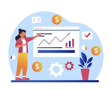 Çalışan çalışma konsepti. Genç kız büyüyen grafikleri analiz ediyor. Pazarlama araştırması, iki rapor periyodunun gelirlerinin karşılaştırılması. Şirketin performansının değerlendirilmesi. Çizgi film düz vektör çizimi