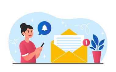 Yeni mesaj konsepti. Mektubun yanındaki kız, sorumlu çalışan. Müşterileri yeni indirimler, terfiler ve özel teklifler hakkında bilgilendirmenin modern yöntemleri. Çizgi film düz vektör çizimi