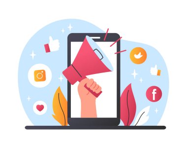 Mobil pazarlama konsepti. Akıllı telefon ekranında megafonla. Ürün ve hizmetlerin İnternet 'te tanıtımı, modern pazarlama yöntemleri ve dijital dünyada. Çizgi film düz vektör çizimi