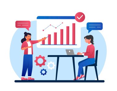 Kadın grafiği gösteriyor. Kızlar bilgilerle çalışır, istatistikleri analiz ederler. Çalışanlar, gelecek yılın bütçesini düzenleme olanağı ve verimliliğini değerlendirir. Çizgi film düz vektör çizimi