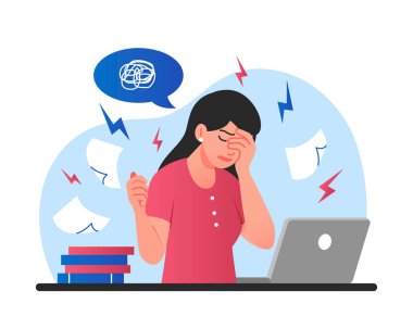 İş stresi. Üzgün genç kız ofiste kağıtları dağıtıyor. Panik ve tükenme, iş yerinde sorunlar, çalışan yorgunluğu, teslim tarihine yetişmeye çalışan aşırı çalışan yönetici. Çizgi film düz vektör çizimi