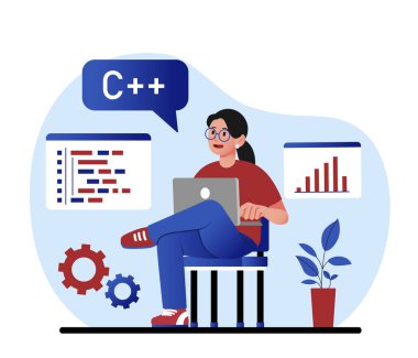 Programcı evde çalışıyor. Dizüstü bilgisayarı olan genç bir kız internet sitesi için kod yazıyor, program ve uygulama geliştiriyor. Modern teknolojiler ve uzaktan çalışan, serbest çalışan. Çizgi film düz vektör çizimi