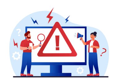 Sistem hatası kavramı. Bilgisayar monitörünün yanındaki adam ve kız. Dikkat işareti ya da sembol. Programcılar ve teknik destek problemleri kod ya da bozuk bağlantıda çözer. Çizgi film düz vektör çizimi