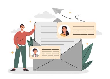 E- posta ve mesaj konsepti. Genç adam büyük bir zarfın yanında duruyor ve arkadaşlarına mektuplar gönderiyor. Yeni mesajlar bildiriliyor. Sosyal medya ya da e-posta pazarlama. Çizgi film düz vektör çizimi