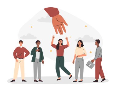 Aday seçimi konsepti. Hand en iyi profesyonel çalışanı bir grup aday arasından seçer ve onu işe alır. Adam toplamak ya da insan kaynakları. Çağdaş düz vektör çizimi