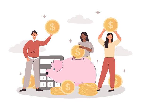 Инвестиции в концепцию будущего. Молодые мужчины и женщины-предприниматели управляют своими финансами и экономят деньги в копилке. Экономический рост и увеличение прибыли бизнеса. Мультфильм с плоским вектором