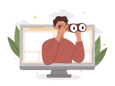 İnternet araştırması ya da keşif konsepti. Genç adam dürbünü tutuyor ve bilgisayar ekranından dışarı bakıyor. Keşif süreci, gelecek vizyonu ya da gözetim. Çizgi film modern düz vektör çizimi