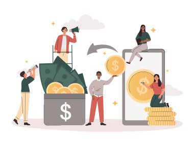 Finansal işlemler kavramı. Genç erkekler ve kadınlar akıllı telefondan cep telefonu ile para transfer ediyorlar. Karakterler cüzdana para ve banknot gönderir. Çağdaş düz vektör çizimi