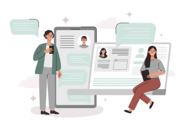 Sosyal ağ konsepti. Akıllı telefonu ve dizüstü bilgisayarı olan genç bir adam ve kadın çevrimiçi iletişim kuruyor, arkadaşlarına mesaj gönderiyor ya da sohbet ediyorlar. İnternette arkadaş ara. Çizgi film düz vektör çizimi