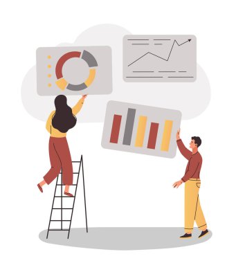 Bulut Veri Depolama Konsepti. Erkek ve kadın dijital veri tabanını korumak için istatistik, grafik ve çizelge yolluyor. İş için bilgi depolama ve iletim servisi. Çizgi film düz vektör çizimi