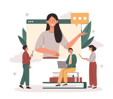 Uzaktan öğrenme ve çevrimiçi eğitim kavramı. Genç erkek ve bayan öğrenciler çevrimiçi kurs izler ya da öğretmenle giyerler. Kadın video bağlantısıyla ders veriyor. Çizgi film düz vektör çizimi