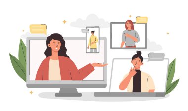 Video konferans konsepti. Dijital cihazların ekranlarında çalışan genç bayan çalışanlar iletişim kuruyor ve projeyi tartışıyorlar. Meslektaşların uzaktan buluşması. Online iş. Çizgi film düz vektör çizimi