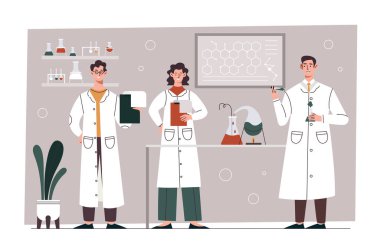 Kimyasal deney konsepti. Genç erkek ve kadın bilim adamları kimya laboratuvarında çalışıyor ve şişe ve test tüplerinde çeşitli tepkileri gözlemliyorlar. Tıbbi araştırma. Çizgi film düz vektör çizimi