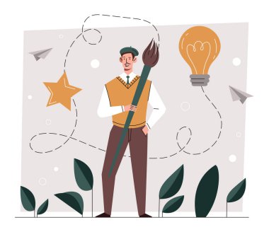 Yaratıcı karakter konsepti. Elinde büyük fırçayla genç, gülümseyen erkek sanatçı yeni fikirler ve çizimler için ilham arıyor. Hobi mi eğlence mi? Çizgi film düz vektör çizimi