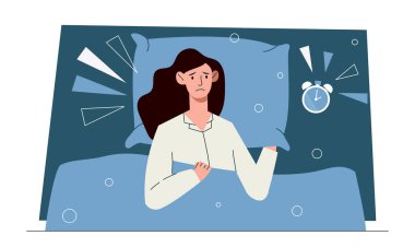 Uykusuzluk ya da uyku bozukluğu. Yorgun kadın yatakta uzanıyor ve uykusuzluktan muzdarip. Karakter uyuyamaz. Zihinsel ya da psikolojik sorunlar ya da düşük melatonin seviyeleri. Çizgi film düz vektör çizimi