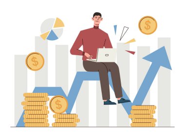 Başarılı yatırımcı ya da girişimci. Dizüstü bilgisayarı olan gülümseyen genç bir adam okun üzerinde oturuyor ve karı veya geliri artırıyor. Zenginleşmek ya da finansal hedeflere ulaşmak. Çizgi film düz vektör çizimi