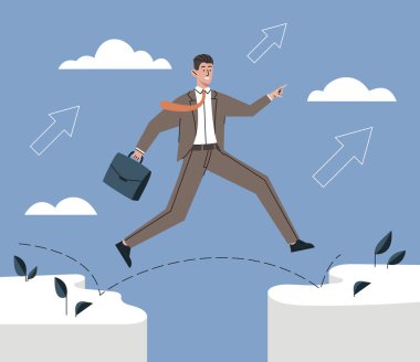 Boşluk kavramının üstesinden gel. Hedefe ya da hayallere giden iş adamı, motivasyon ve kişisel gelişim. Motivasyon posteri, başarılı girişimci zorluklarla başa çıkıyor. Çizgi film düz vektör çizimi