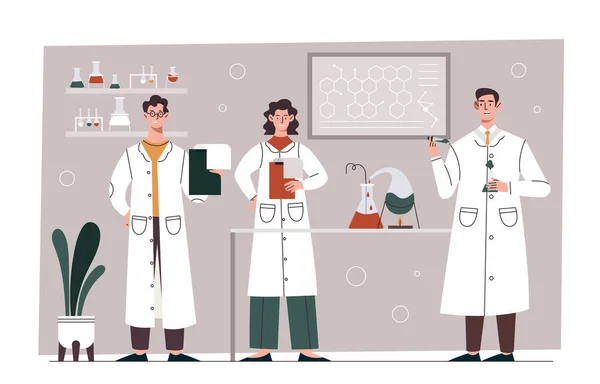 化学实验概念 男女青年科学家在化学实验室工作 用瓶子和试管观察各种反应 医学研究 卡通平面矢量插图 — 图库矢量图片