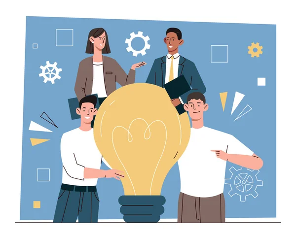 Effective Methods Teamwork Employees Stand Next Light Bulb Come Ideas — Stock Vector