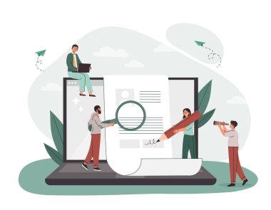 Formu doldurun. Erkekler ve kadınlar belge doldurup imzalarlar, başarılı müzakereler için metafor yaparlar ve internet üzerinden anlaşma sağlarlar. Yargı ve kontrat koruması. Çizgi film düz vektör çizimi